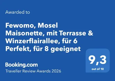 Ein Zertifikat, Auszeichnung, Logo oder anderes Dokument, das in der Unterkunft Fewomo, Mosel Maisonette, mit Terrasse & Winzerflairallee, für 6 Perfekt, für 8 geeignet ausgestellt ist
