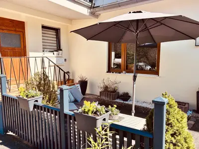 Ein Balkon oder eine Terrasse in der Unterkunft Ferienwohnung am Ruwer-Hochwald-Radweg, Fewo 2