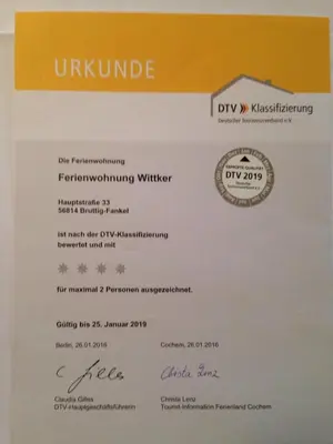 Ein Zertifikat, Auszeichnung, Logo oder anderes Dokument, das in der Unterkunft Ferienwohnung Wittker ausgestellt ist
