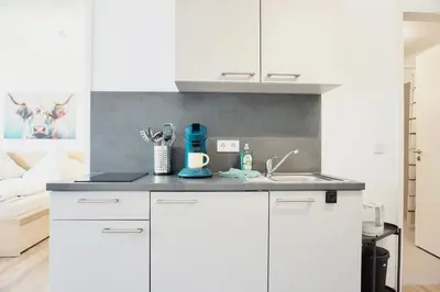 Küche/Küchenzeile in der Unterkunft Gemütliches 1 Schlafzimmer Apartment mit Balkon & privatem Stellplatz für bis zu 4 Personen unmittelbar an der Mosel