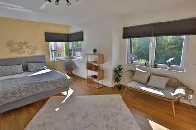 Ein Bett oder Betten in einem Zimmer der Unterkunft Exklusive Wohnung mit Balkon und direktem Rheinblick mit 2 Schlafzimmern für bis zu 5 Gäste