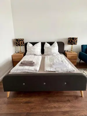 Ein Bett oder Betten in einem Zimmer der Unterkunft Stilvolle Wohnung mit Rheinblick