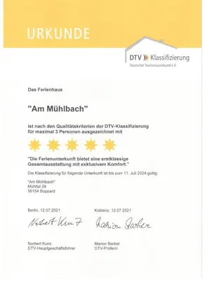 Ein Zertifikat, Auszeichnung, Logo oder anderes Dokument, das in der Unterkunft Haus am Mühlbach ausgestellt ist