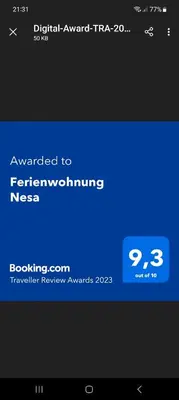 Ein Zertifikat, Auszeichnung, Logo oder anderes Dokument, das in der Unterkunft Ferienwohnung Nesa ausgestellt ist
