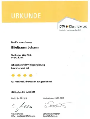 Ein Zertifikat, Auszeichnung, Logo oder anderes Dokument, das in der Unterkunft Wandertraum Johann - FeWo Eifel ausgestellt ist