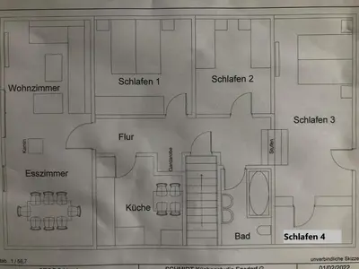 Grundriss der Unterkunft Ironico Homestay 4 Schlafzimmer Ferienwohnung 100 m2 nahe Bostalsee