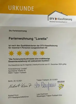 Ein Zertifikat, Auszeichnung, Logo oder anderes Dokument, das in der Unterkunft Ferienwohnung Loretta ausgestellt ist
