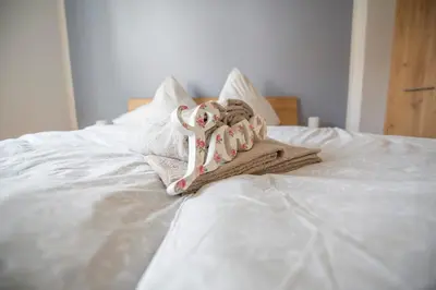 Ein Bett oder Betten in einem Zimmer der Unterkunft Vineyards Pommern - schönes Ferienhaus Nähe Cochem Mosel