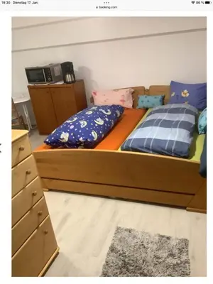 Ein Bett oder Betten in einem Zimmer der Unterkunft Doppelzimmer mit neuem Bad und Sportpool-Nutzung außen, Villa Naturpark, Garten mit Rheinblick