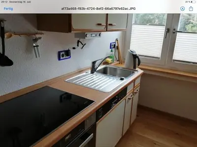 Küche/Küchenzeile in der Unterkunft Ferienwohnung Apartment Doppelzimmer in der Villa Naturpark Rheinblick, ruhig, Aussicht, Pool